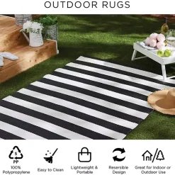 Black and White Rugby Stripe Outdoor Area Rug, 5x8