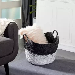 Black and White Seagrass Ring Handle Basket