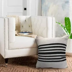 Black and White Striped Cotton Throw Pillow