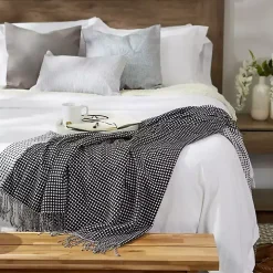 Black and White Waffle Knit Fringe Throw