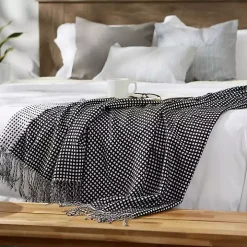 Black and White Waffle Knit Fringe Throw