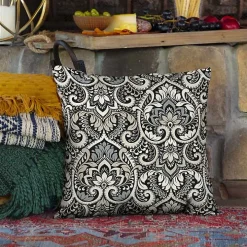 Black Aurora Damask Outdoor Pillow