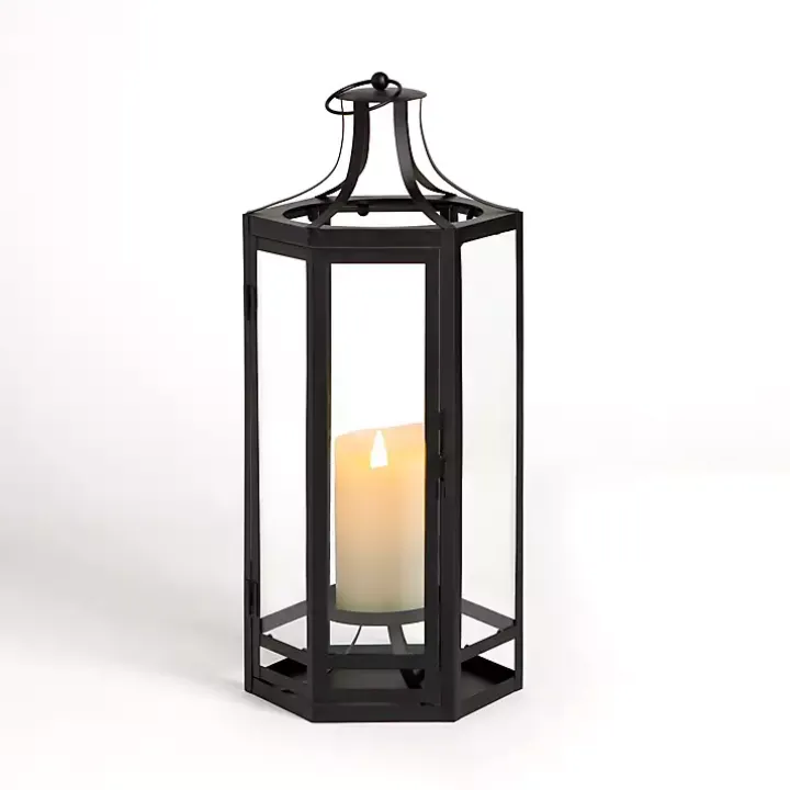 Black Hexagon Iron and Glass Lantern, 19 in.