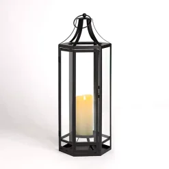 Black Hexagon Iron and Glass Lantern, 24 in.