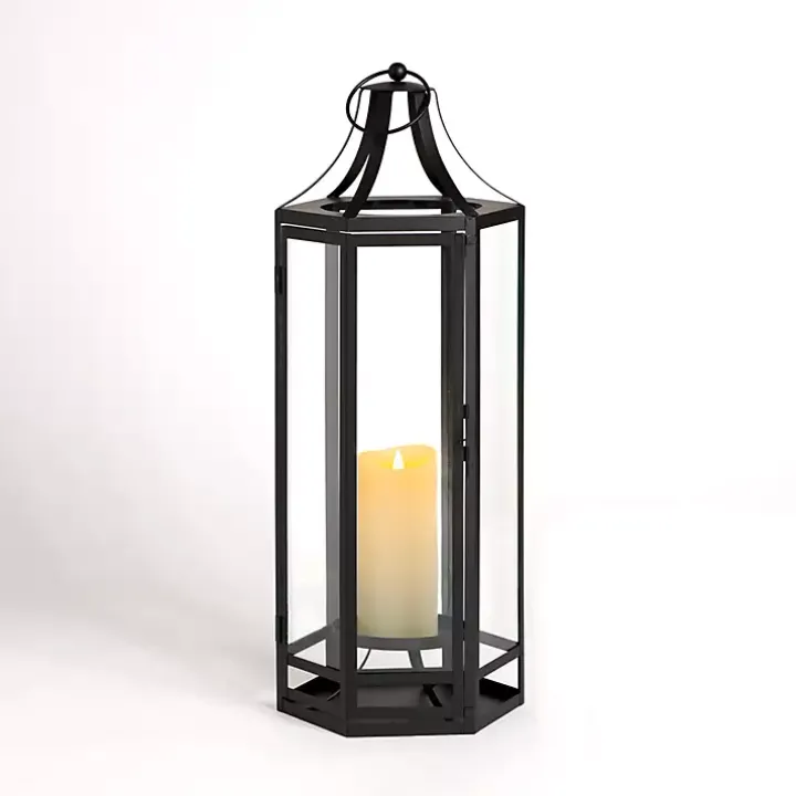 Black Hexagon Iron and Glass Lantern, 24 in.