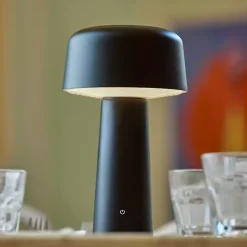 Black Metal Dome Frosted Light Cordless Table Lamp