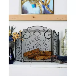 Black Metallic Scroll Three-Panel Fire Screen