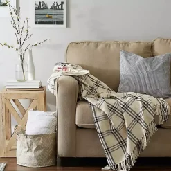 Black Plaid Fringe Throw