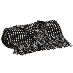 Black Woven Pattern Wool Tassel Throw