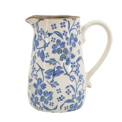 Blue and Ivory Floral Ceramic Pitcher Vase