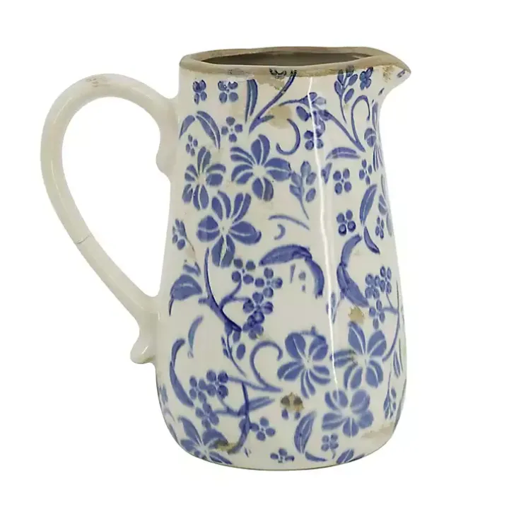 Blue and Ivory Floral Ceramic Pitcher Vase