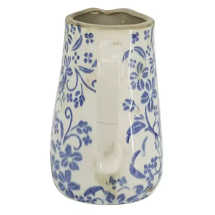 Blue and Ivory Floral Ceramic Pitcher Vase