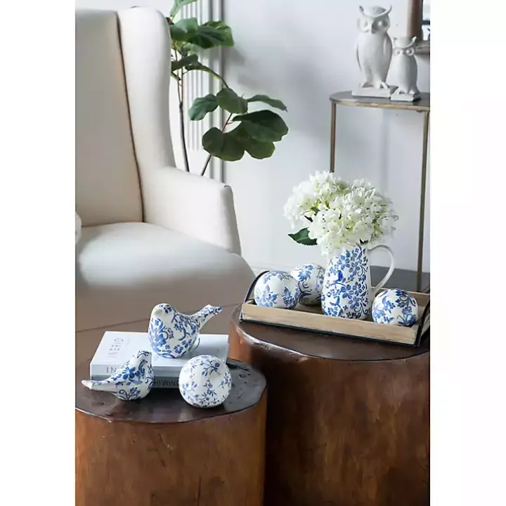 Blue and Ivory Floral Ceramic Pitcher Vase