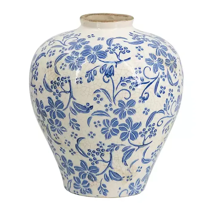 Blue and White Floral Urn Ceramic Vase, 10 in.