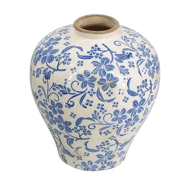 Blue and White Floral Urn Ceramic Vase, 10 in.