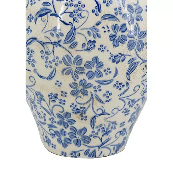 Blue and White Floral Urn Ceramic Vase, 10 in.