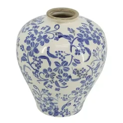 Blue and White Floral Urn Ceramic Vase, 10 in.