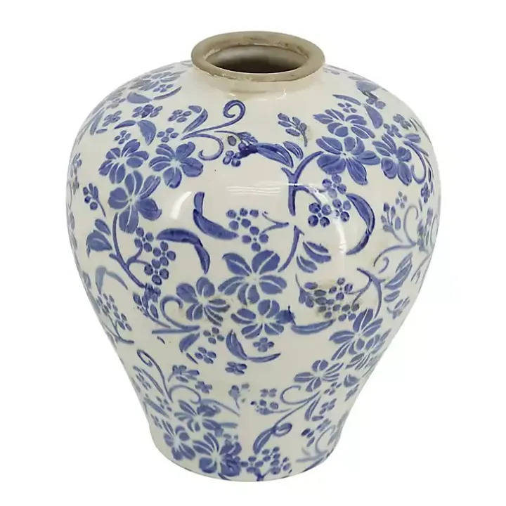 Blue and White Floral Urn Ceramic Vase, 10 in.