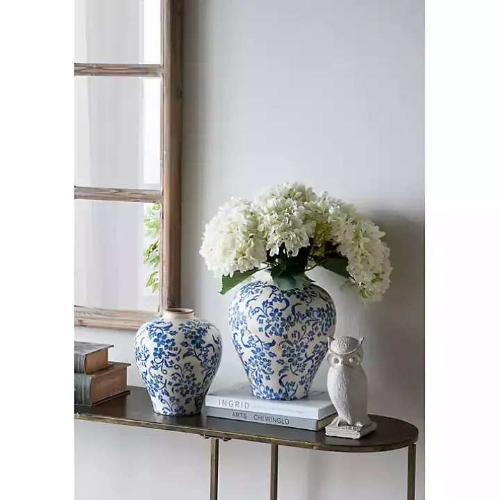 Blue and White Floral Urn Ceramic Vase, 10 in.