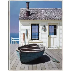Blue Boat on Deck Framed Canvas Art Print