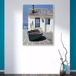 Blue Boat on Deck Framed Canvas Art Print