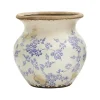 Blue Bulous Floral Scroll Ceramic Vase, 7 in.