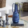 Blue Crosshatch Triple Handle Ceramic Vase, 17 in.