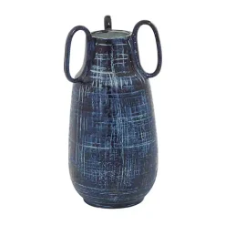 Blue Crosshatch Triple Handle Ceramic Vase, 13 in.