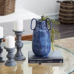Blue Crosshatch Triple Handle Ceramic Vase, 13 in.