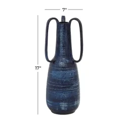Blue Crosshatch Triple Handle Ceramic Vase, 17 in.