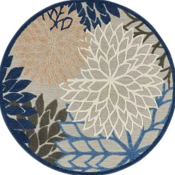 Blue Floral Burst Round Outdoor Area Rug, 5x5