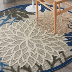 Blue Floral Burst Round Outdoor Area Rug, 5x5