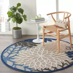 Blue Floral Burst Round Outdoor Area Rug, 5x5