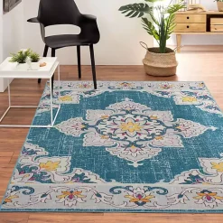 Blue Floral Medallion Outdoor Area Rug, 7x9