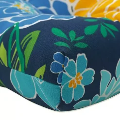 Blue Floral Tufted Outdoor Seat Cushions, Set of 2