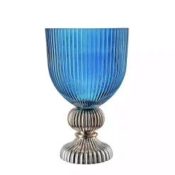 Blue Glass Vase with Silver Pedestal Base, 16 in.