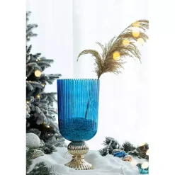 Blue Glass Vase with Silver Pedestal Base, 20 in.