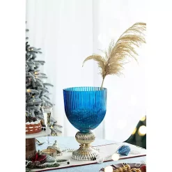 Blue Glass Vase with Silver Pedestal Base, 16 in.