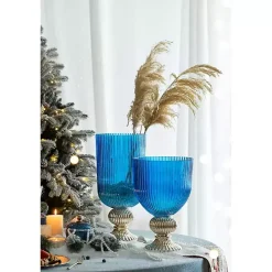 Blue Glass Vase with Silver Pedestal Base, 16 in.