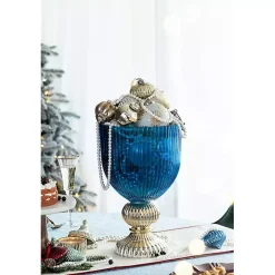 Blue Glass Vase with Silver Pedestal Base, 16 in.