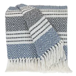 Blue Herringbone Multi Striped Throw