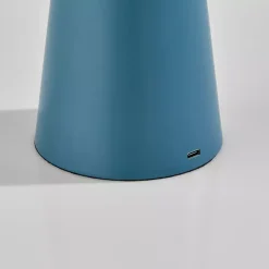 Blue Metal Cordless Lamp with White Ribbed Shade