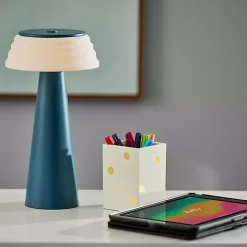 Blue Metal Cordless Lamp with White Ribbed Shade