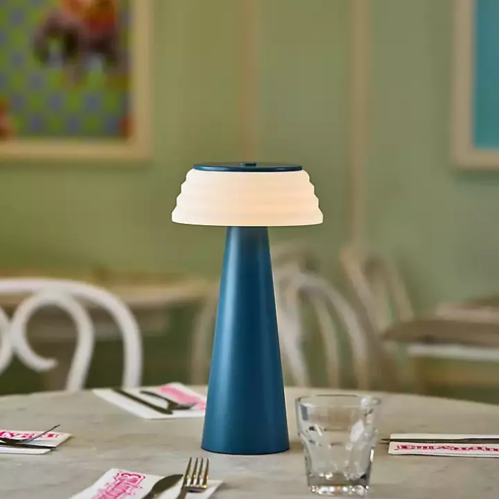 Blue Metal Cordless Lamp with White Ribbed Shade