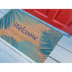Blue Palm Fronds Welcome Coir Doormat