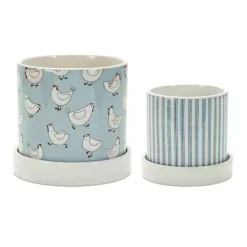 Blue Striped and Chicken Decorative Pots, Set of 2