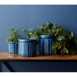 Blue Terracotta Abstract Decorative Pots, Set of 3