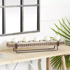 Brown Beaded Wood and Metal Base Candle Holder