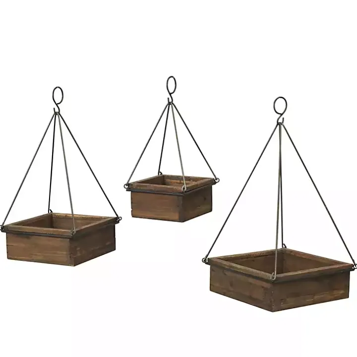 Brown Fir Wood Hanging Planter Boxes, Set of 3