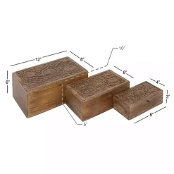 Brown Mango Wood Carved Boxes, Set of 3